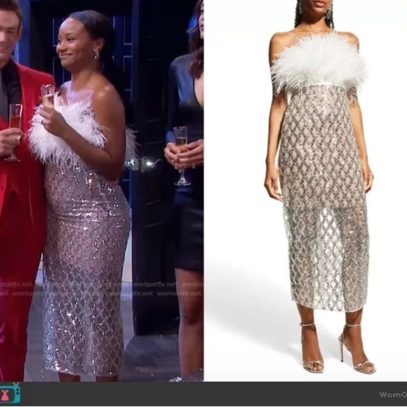 Bronx & Banco Afiyá x Coco Feather Sequin Midi Dress White Silver Size Large NWT - Picture 8 of 8